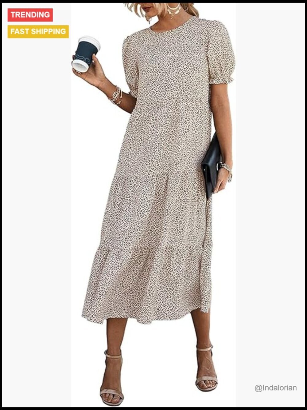 Floral Puff Sleeve Midi Dress, Bohemian Sundress for Beach Vacation